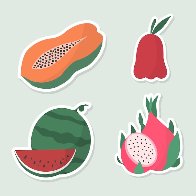 Vector tropische fruit vector iconen set van 4 fruit roos appel watermeloen papaya en draak fruit stickers