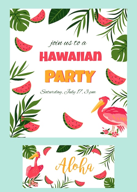 Tropische Hawaiiaanse poster met pelikaan partij sjabloon uitnodiging banner kaart
