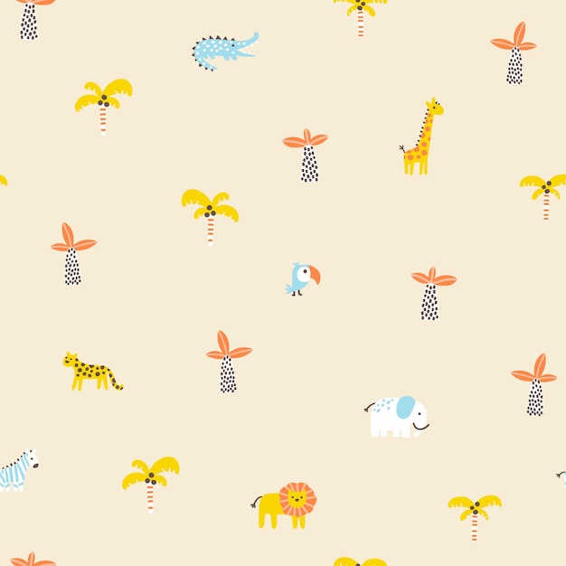 Tropische jungle naadloze patroon Dieren en palmen Eenvoudige handgetekende Scandinavische doodle stijl