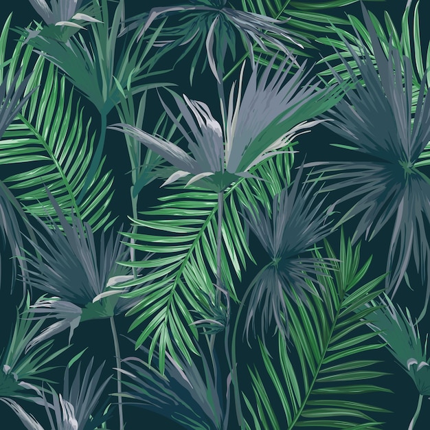 Tropische jungle palmbladeren naadloze achtergrond, vector bloemmotief illustratie voor behang, print ontwerp, textiel sjabloon
