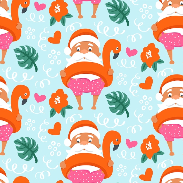 Tropische kerst naadloze patroon met zomer kerstman in flamingo opblaasbare ring.