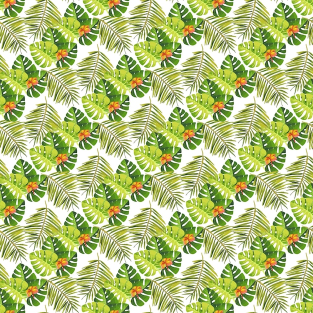 Tropische monstera kokosnoot en alblscus blad witte achtergrond naadloze patroon Design