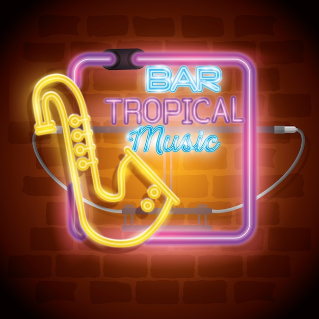 Tropische muziek bar neon label vector illustratie ontwerp