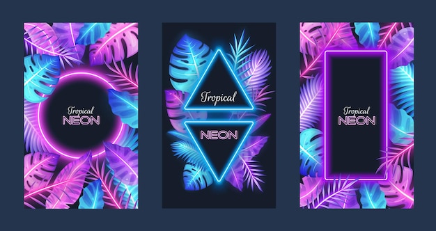 Vector tropische neon kaartsjabloon instellen vector illustratie tropic frames met exotische palmboom monstera jun...