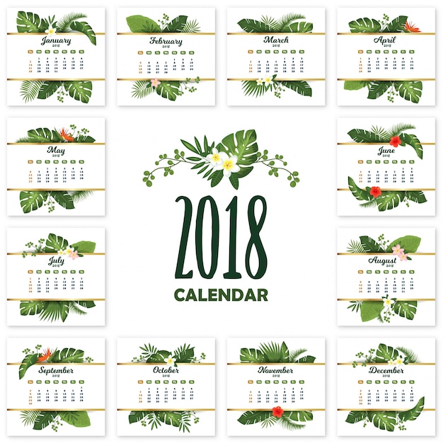 Tropische printbare kalender voor 2018 jaar met exotische bladeren en bloemen