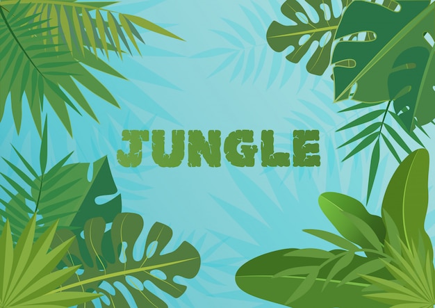 Tropische sjabloon banner illustratie. exotische planten op blauwe hemelachtergrond, regenwoudontwerp met tropische bladeren.