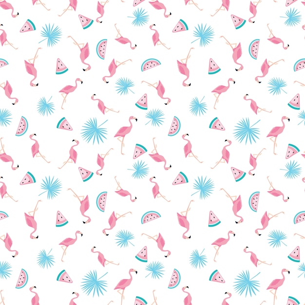 Tropische trendy naadloze patroon met roze flamingo's en mintgroene palmbladeren.