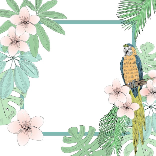 Tropische vectorillustratie met papegaai en bloemen