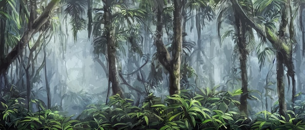 Vector tropische vintage botanische landschap illustratie palmboom groente bloem grens achtergrond