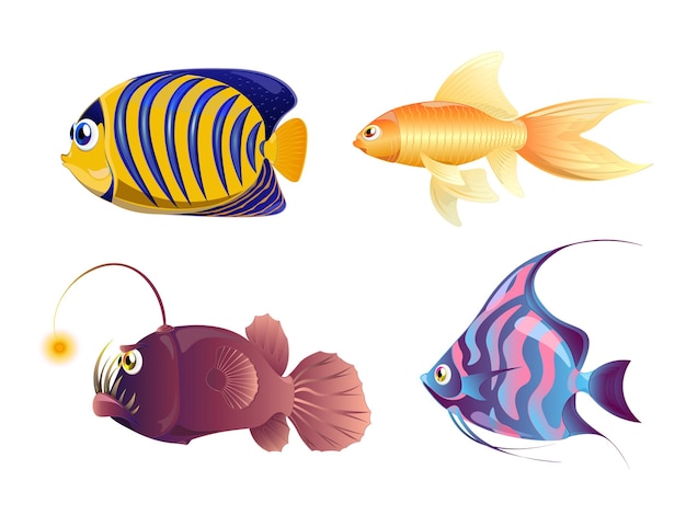 Tropische vissen realistische set. Veelkleurige set van negen verschillende soorten koraalrifvissen.