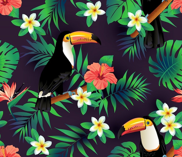 Tropische vogels en palmbladen naadloze achtergrond