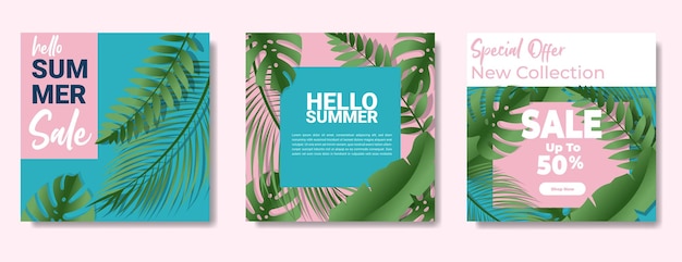 Vector tropische zomer achtergrond lay-out banner ontwerp met paper cut kunst vector zachte kleur roze en blauw