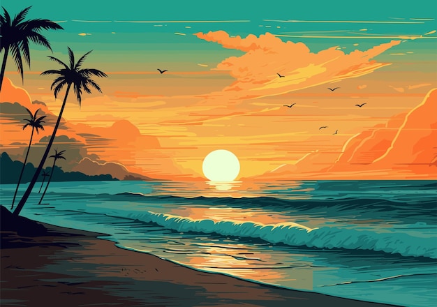 tropische zomer strand oceaan zonsondergang en zonsopgang uitzicht cartoon illustratie zomervakantie vakantie