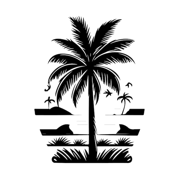 Tropische zomer strand oceaan zonsondergang icon hand tekenen zwart mythisch logo vector element en symbool