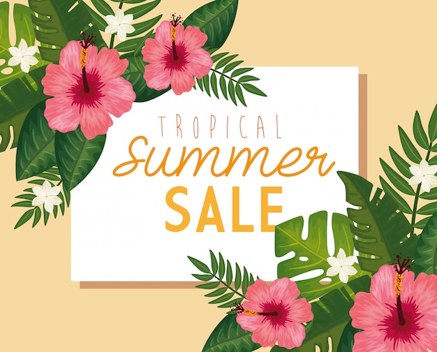 Tropische zomer verkoop banner met frame en bloemen