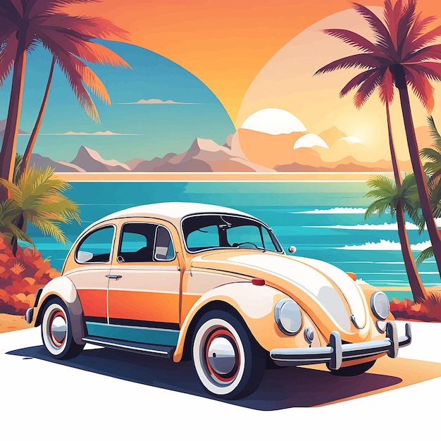 Tropische zomertijd vakantie auto vector illustratie met zomer achtergrond