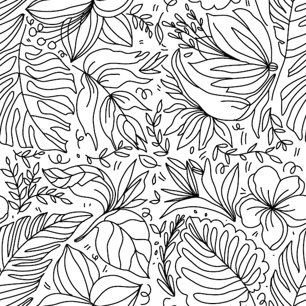 Vector tropisian palm and flowers seamless pattern in doodle style