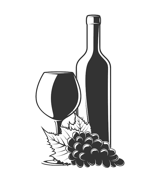 Tros druiven fles en glas wijn geïsoleerd op een witte achtergrond