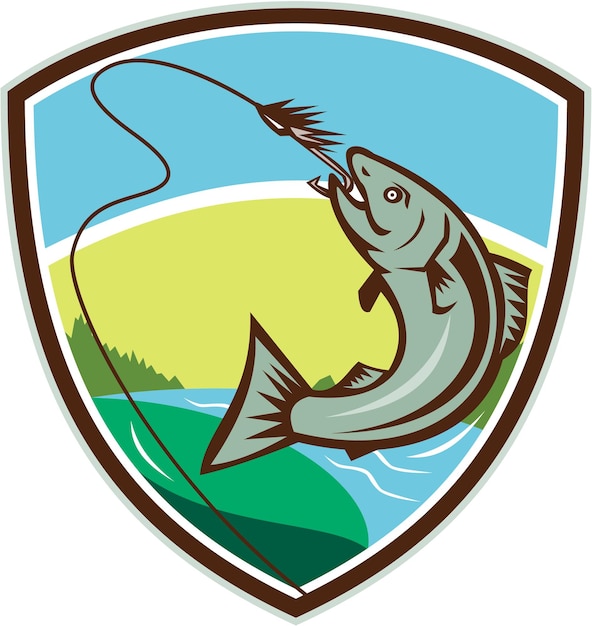 Premium Vector  Trout biting hook lure shield retro