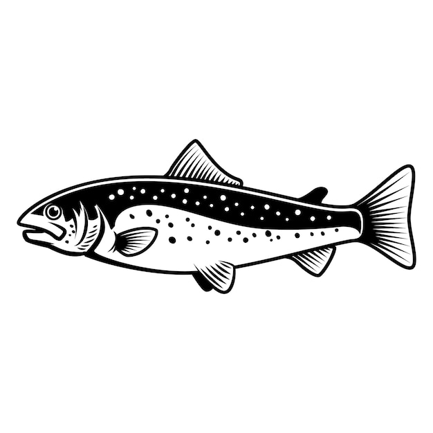白い背景にマスの魚のサイン。サーモンフィッシング。ロゴ、ラベル、エンブレム、サインの要素。図