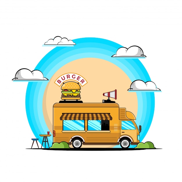 Truck burger with meal icons illustration.
