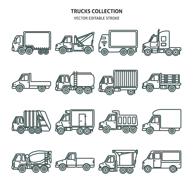 Vector truck cards icons set in thin line style