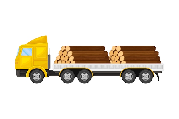 Illustrazione vettoriale di un camion che trasporta un mucchio di tronchi e legname per la produzione di mobili in legno