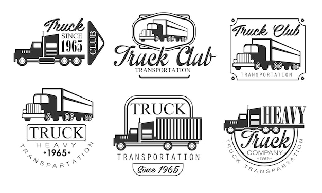 Ретро-этикетки грузового клуба, набор тяжелых транспортных монохромных значков, векторная иллюстрация