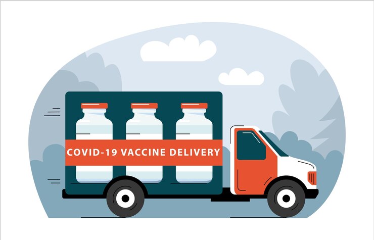 Vector truck delivering covid19 vaccine to vaccination centres worldwide distribution and delivery