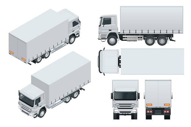 トラックの配達、白い背景の上のトラックのモックアップ分離テンプレート。アイソメ図、側面図、正面図、背面図、上面図。