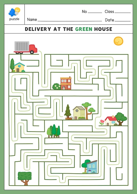 Vector truck delivery maze game exercises sheet kawaii doodle vector cartoon