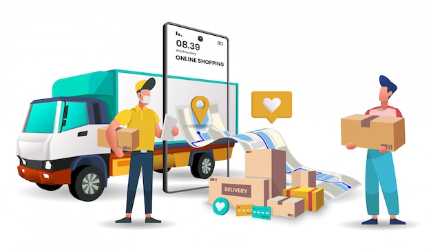 食品のトラック配送サービスとパッケージのオンラインショッピング配送サービス。