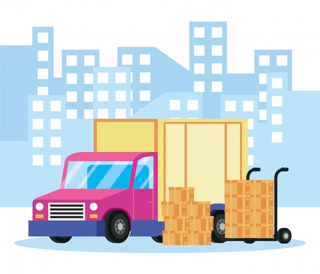 Vector truck delivery service with boxes on the city