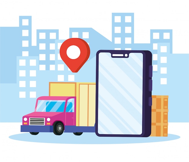 Truck delivery service with smartphone on the city