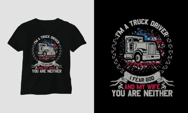 Vector truck driver t-shirt design vintage stijl met vrachtwagen en vlag