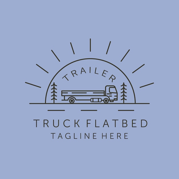トラックフラットベッドとサンバーストラインアートロゴベクトルシンボルイラストデザイン