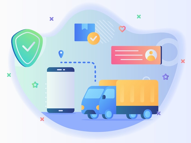 Vettore camion che segue la posizione del puntatore con il concetto di scudo dell'indirizzo del ricevitore del profilo del pacchetto della scatola dello sfondo dello smart phone dell'app del luogo di consegna del ritiro con un disegno vettoriale in stile piatto