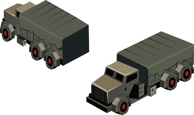 Insieme isometrico dei veicoli militari del camion. illustrazione vettoriale su sfondo bianco.