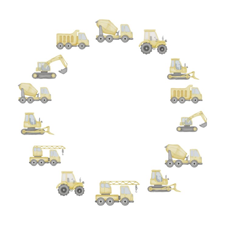 वेक्टर truck round frame watercolor illustration of wreath with toy cars hand drawn template for baby shower greeting cards or childish birthday invitations tractor border with lorry and auto crane