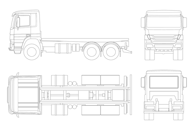 Vector truck tractor or semi-trailer truck in outline combination of a tractor unit and one or more semi-trailers to carry freight. side, front, back, top view.