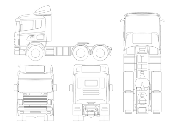 Vector truck tractor or semi-trailer truck in outline combination of a tractor unit and one or more semi-trailers to carry freight.