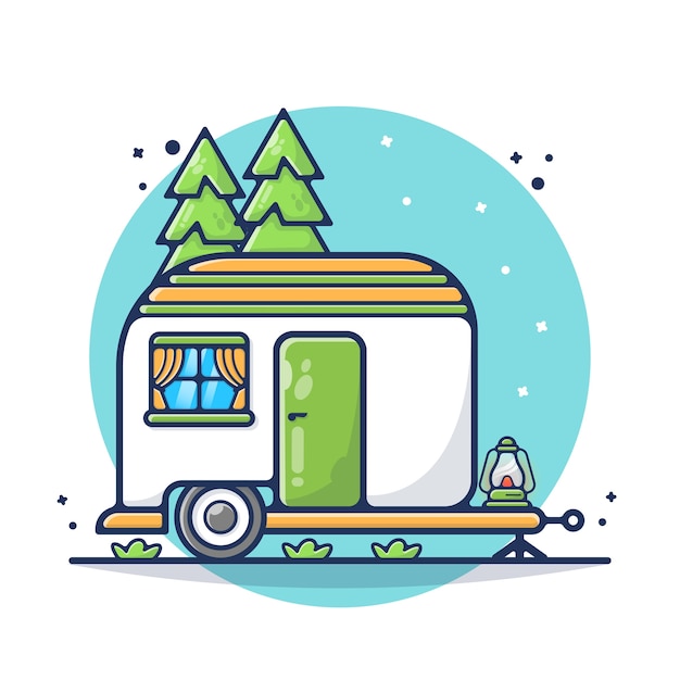 Truck Trailer Camping   Illustration. Relax, Nature, Tent, Vacations.  Flat Cartoon Style