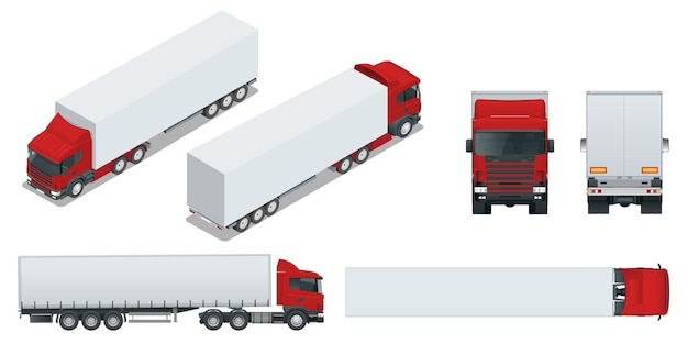 Vector truck trailer with a container car for the carriage of goods cargo delivering vehicle