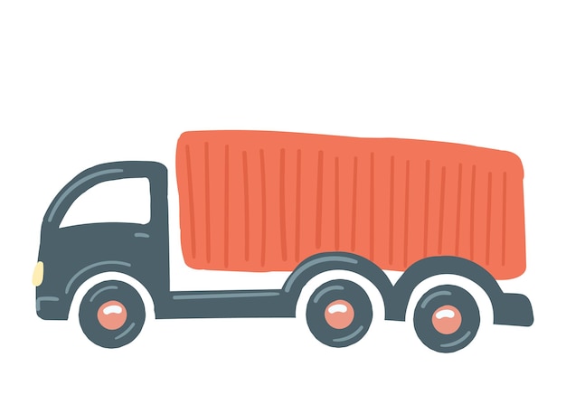 Un camion con un corpo rosso isolato auto disegnata a mano in stile cartone animato illustrazione vettoriale cargo