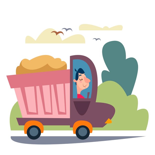 Vector a truck with sand is driving along the road clip art cartoon on the background of nature work