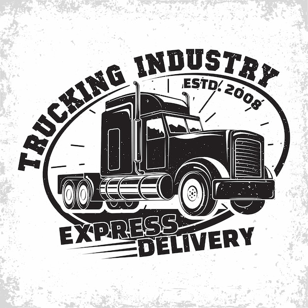 Вектор Дизайн логотипа автотранспортной компании, эмблема организации по аренде грузовиков, печать штампов фирмы по доставке грузов, типография для тяжелых грузовиков.