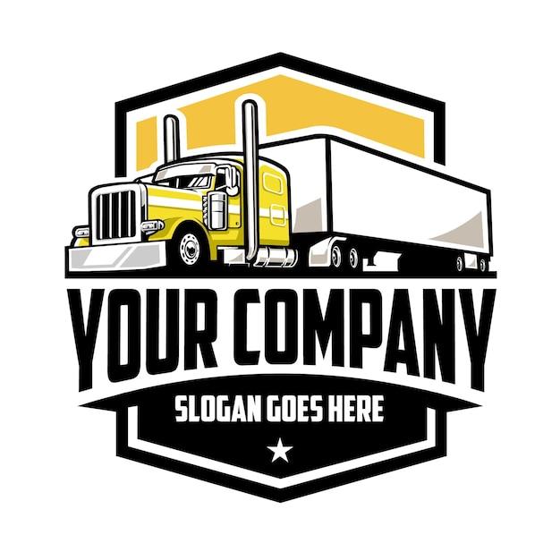 Trucking Company Logo Embleem Badge Vector Geïsoleerd. Geel Semi Truck 18 Wheeler Truck-logo