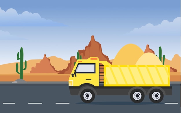 Vector trucks load sand on the desert highway. sand delivery vehicle. vector illustration