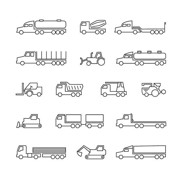 Trucks, tractors and heavy equipment line icons