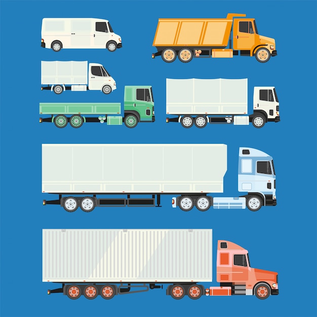Vector trucks and trailers on a white background.